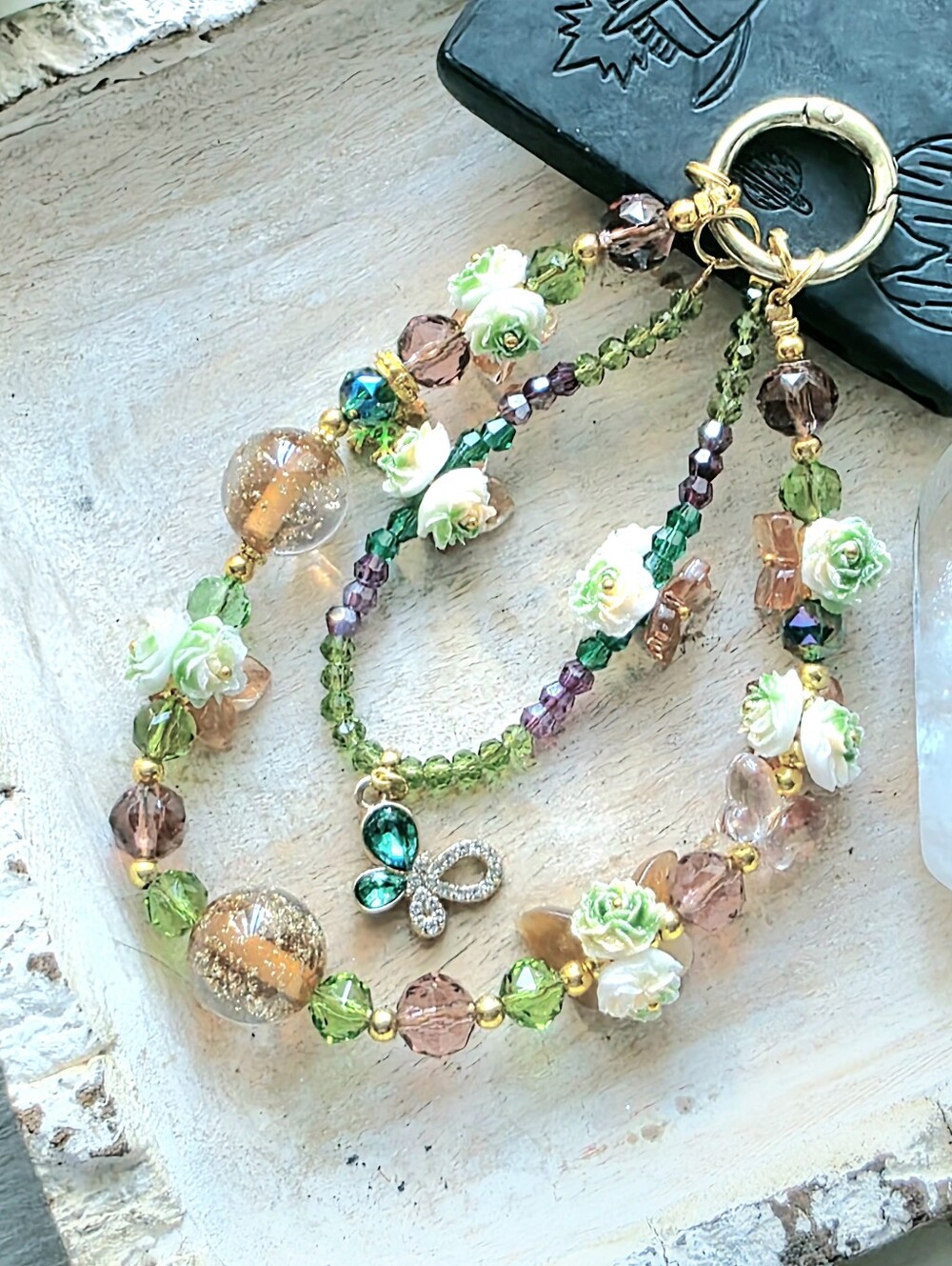 🌷🌿 Garden Butterfly Handcrafted Phone Charm Beaded with Flower Accents_Green